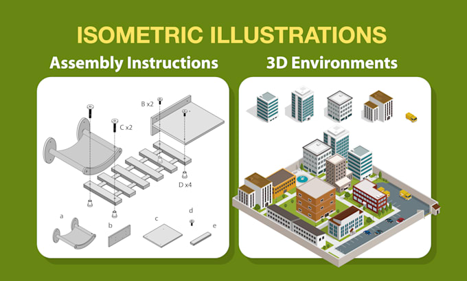 create isometric illustration for assembly instructions and 3d environments
