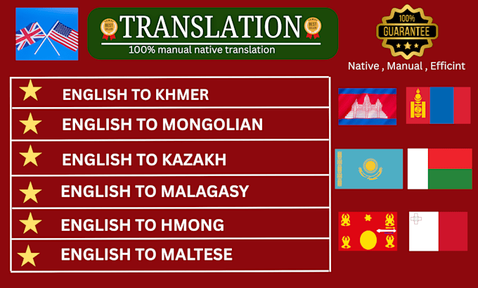 english to khmer, mongolian, kazakh, malagasy, hmong, maltese translation