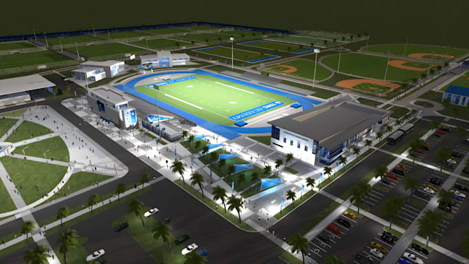 design a realistic 3d football academy with training fields, dorms, and plan