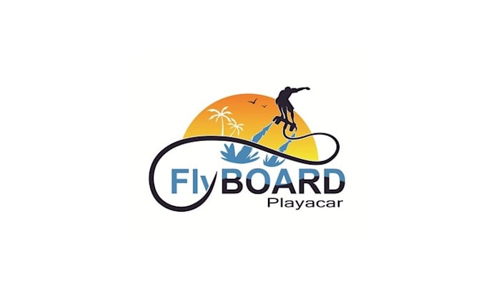 make sunset white beaches water logo with fly board player