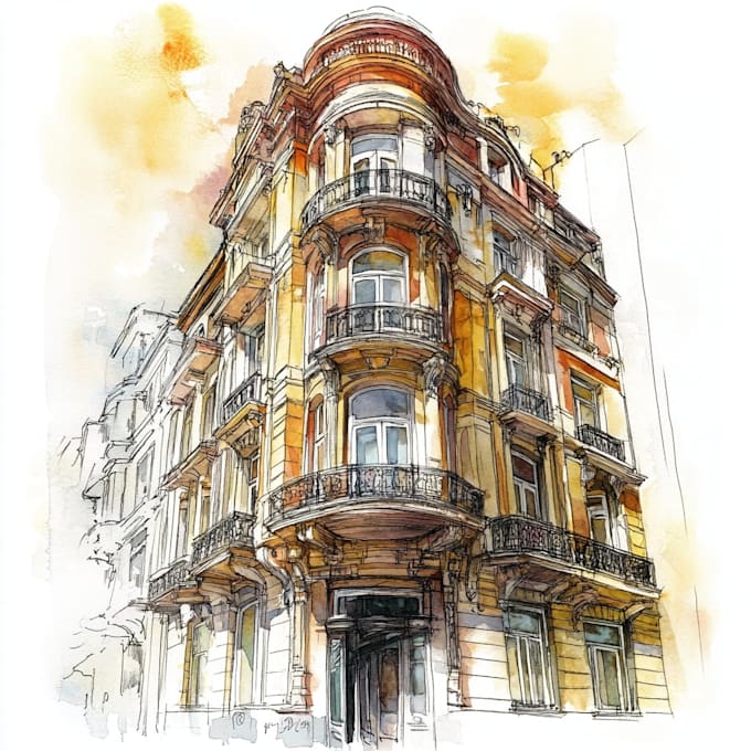 Hand draw architectural sketches of buildings exterior views with ...