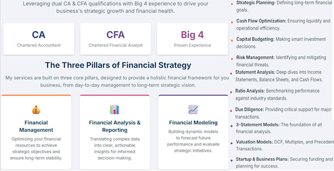 provide financial modeling, management and analysis services