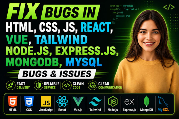 fix bugs in react vue javascript node js and web apps
