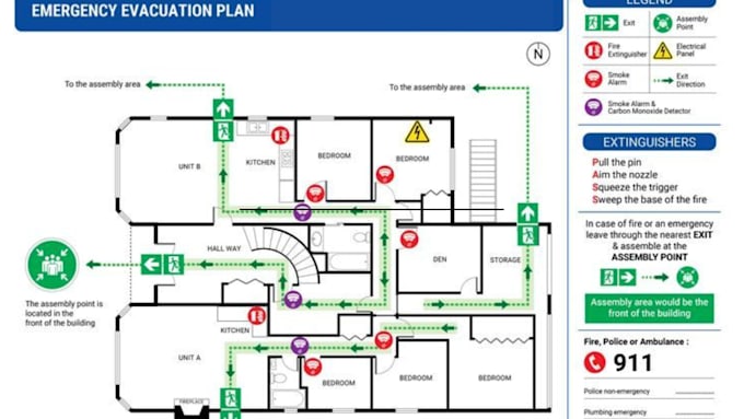 design life safety plan, emergency evacuation plan, fire safety plan, floor plan