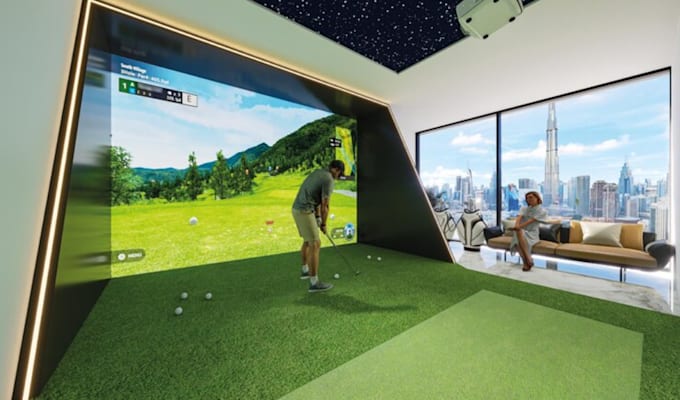 custom 3d golf simulation room with realistic cgi render,VR integration,golf cgi