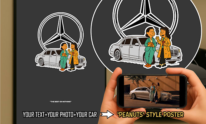 draw a peanuts style custom poster of you and your mercedes benz car