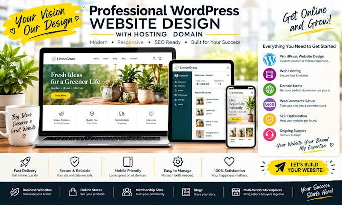 design a stunning wordpress website with hosting and domain