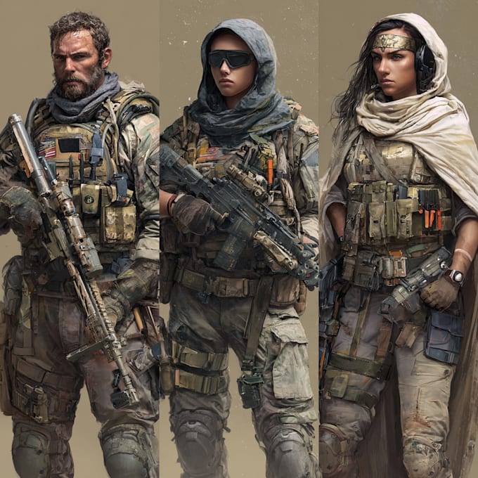 draw military themed, 2d character illustrations for you