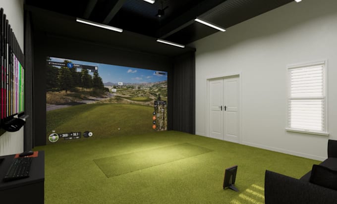 3d indoor golf rendering,bays design,interior wall golf,putting green, foresight