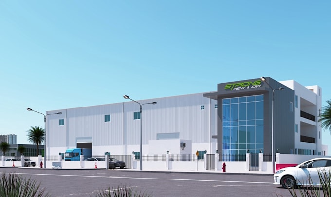 reconstruct 3d industrial warehouse exterior, factory, storage space, rendering