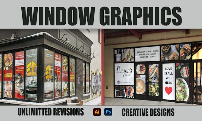 design eye catchy window graphics design, storefront, sign board and shopfront