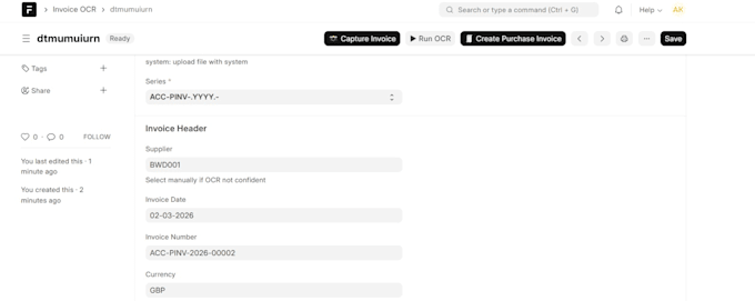 automate purchase invoice entry using ocr ai in erpnext