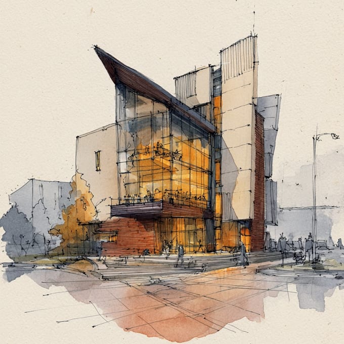 sketch architecture building with watercolor rendering