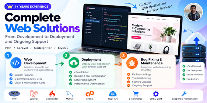 develop your custom website using PHP, laravel, ci with hosting support
