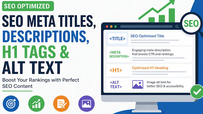 write SEO meta titles, descriptions, h1 tags alt text