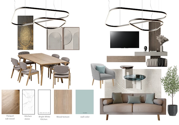 create a professional interior mood board with shopping list