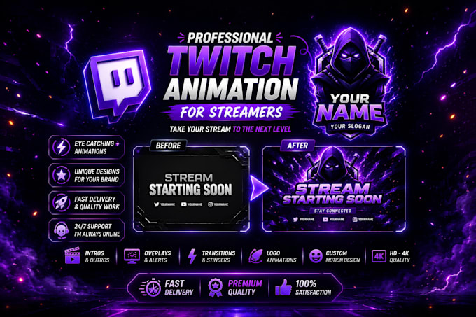 create animated twitch overlays, intro and stream graphics