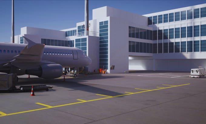 create photorealistic 3d airplane hangar, 3d warehouse, 3d aviation facilities