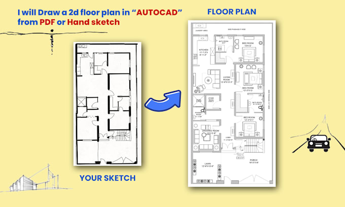 redraw 2d floor plan with furniture layout for real estate