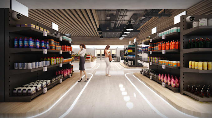 construct 3d supermarket, render departmental store, workspace, shopping mall