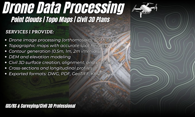 process drone data, point cloud, topographic maps, and civil 3d survey plans