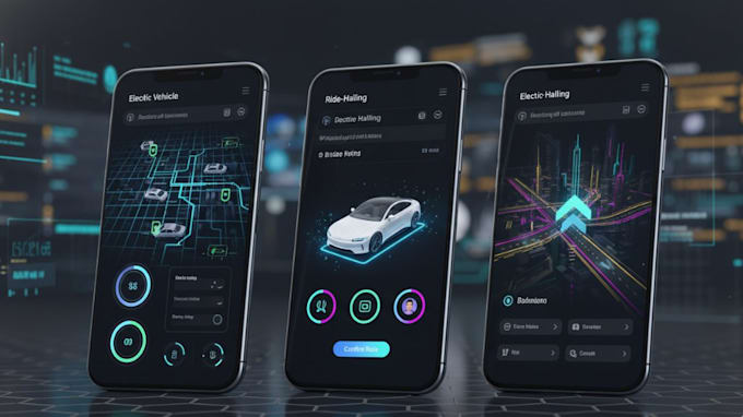 design futuristic UI UX for ev ride hailing and fleet management apps in figma