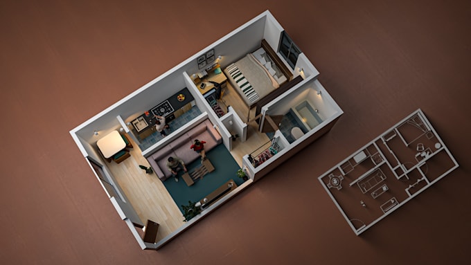 do isometric 3d floor plan render, realistic interior exterior render