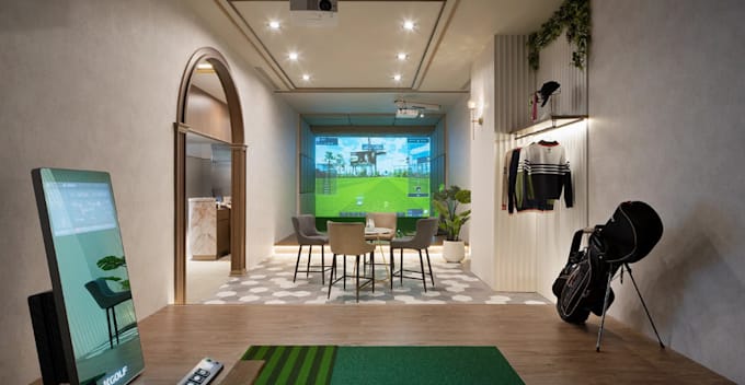 redesign 3d modern golf simulator space,golf bar,sport arena facility,cgi render