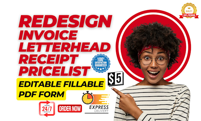 redesign invoice, letterhead and receipt pricelist in editable fillable pdf form