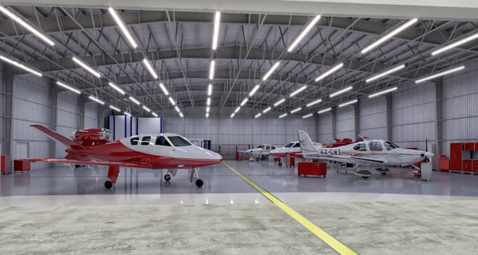 remodel aircraft hangar, airport layout rendering, site plan model, cgi aircraft