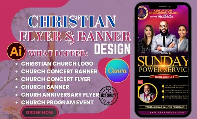 create editable church flyer, digital conference banner, logo on canva, ai