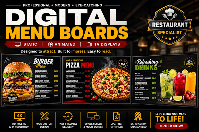 design a modern digital menu board for restaurant TV screens