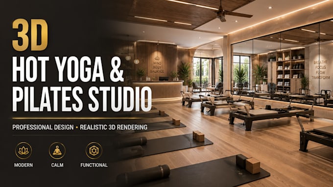 design 3d hot yoga or pilates studio with realistic renderings