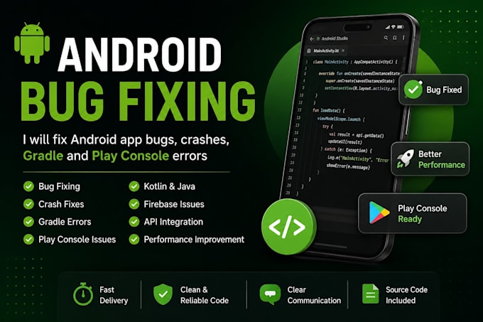 fix android app bugs, crashes, gradle and play console errors