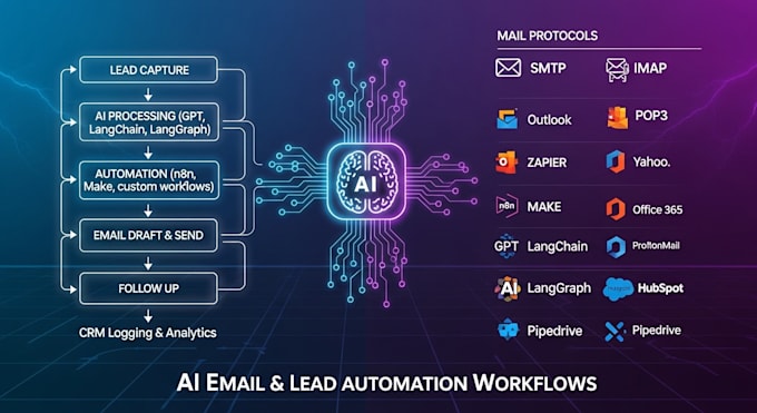 automate emails, leads with ai agents, langchain, data, support, workflows