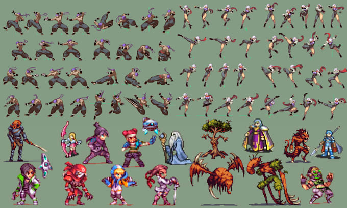 create pixel art character, game animation, sprite sheet, fakemon, tileset, map