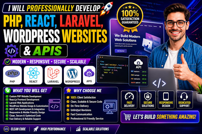 professionally develop PHP, react, laravel, wordpress websites, and apis