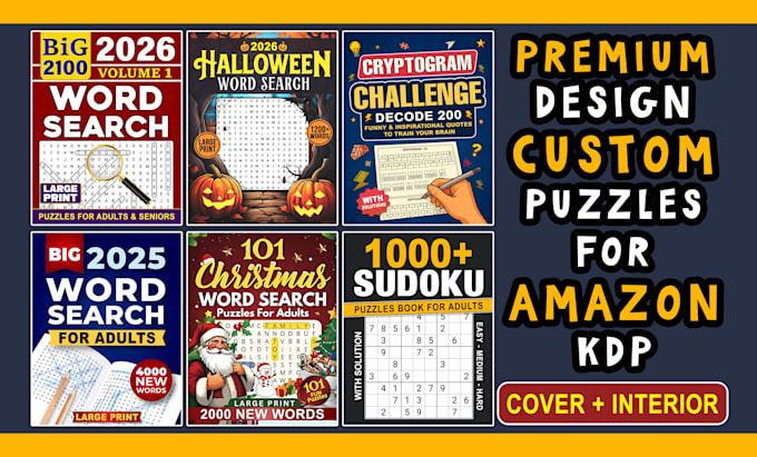design professional KDP puzzle book covers, interiors, and a plus content