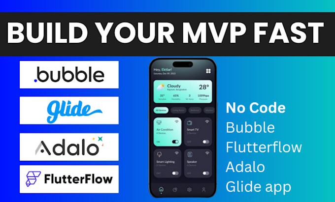 build no code bubble website, appsheet mobile app, adalo, flutterflow, glide app