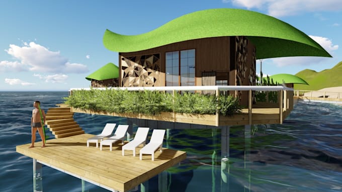 remodel 3d ocean villa,beachfront exterior,lake house,floating resort,cgi render