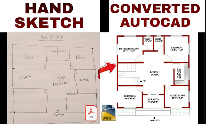 Convert your hand drawn sketch into a professional autocad by ...