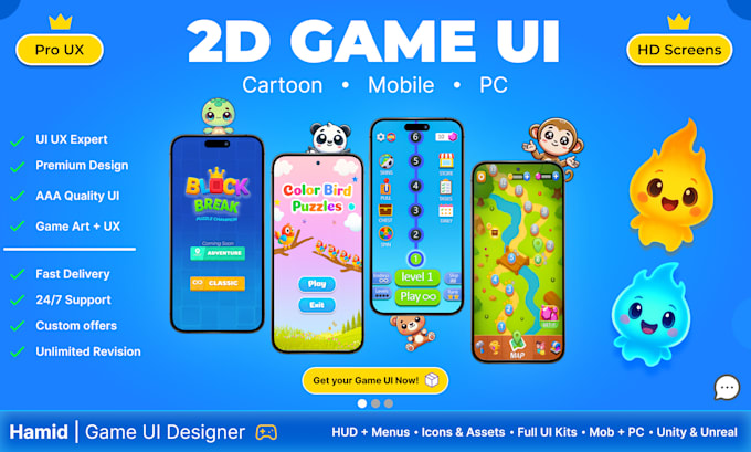 design high quality 2d game UI and UX for mobile or PC games