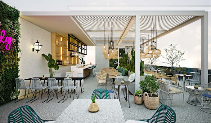 makeover 3d rooftop cafe,taproom,dining hall rendering,pizzeria layout,drinkery
