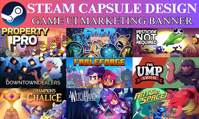 do steam capsule cover art game ui poster marketing logo banner character design