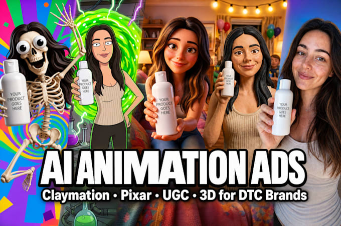 create ai video ads claymation, pixar style and ugc for meta dtc ads