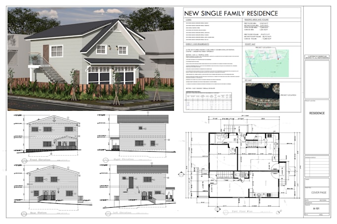 draw architectural floor plans, elevations, section, roof, site plan in autocad