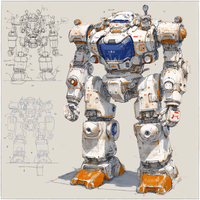 draw custom robot, mecha, cyborg cartoon character design