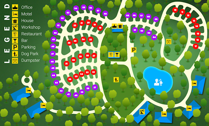 draw rv park map and campground map in vector illustrator
