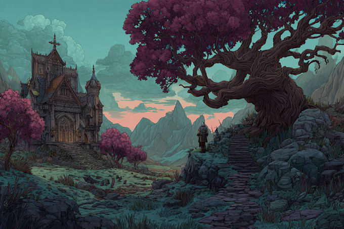 draw isometric fantasy landscape illustration in 2d