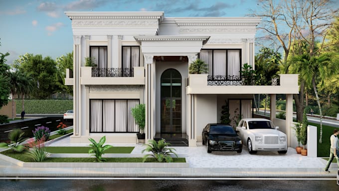 design modern house front elevation in 2d and 3d
